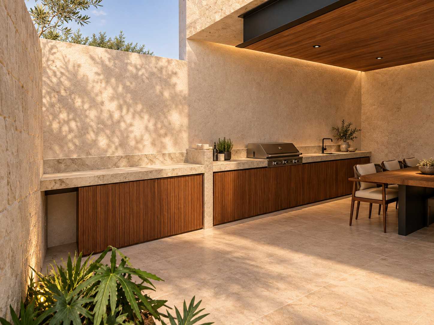 Asador exterior con isla de mármol y carpintería bajo techo de madera