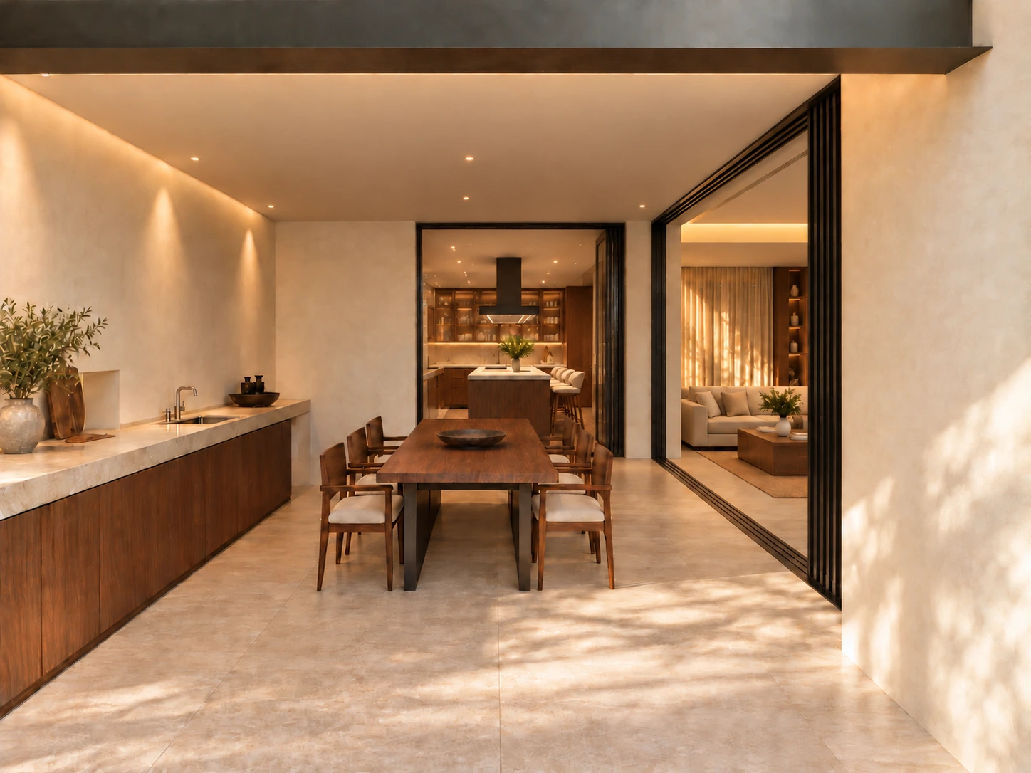 Comedor de terraza con mesa de madera, barra de piedra y conexión abierta con cocina y sala