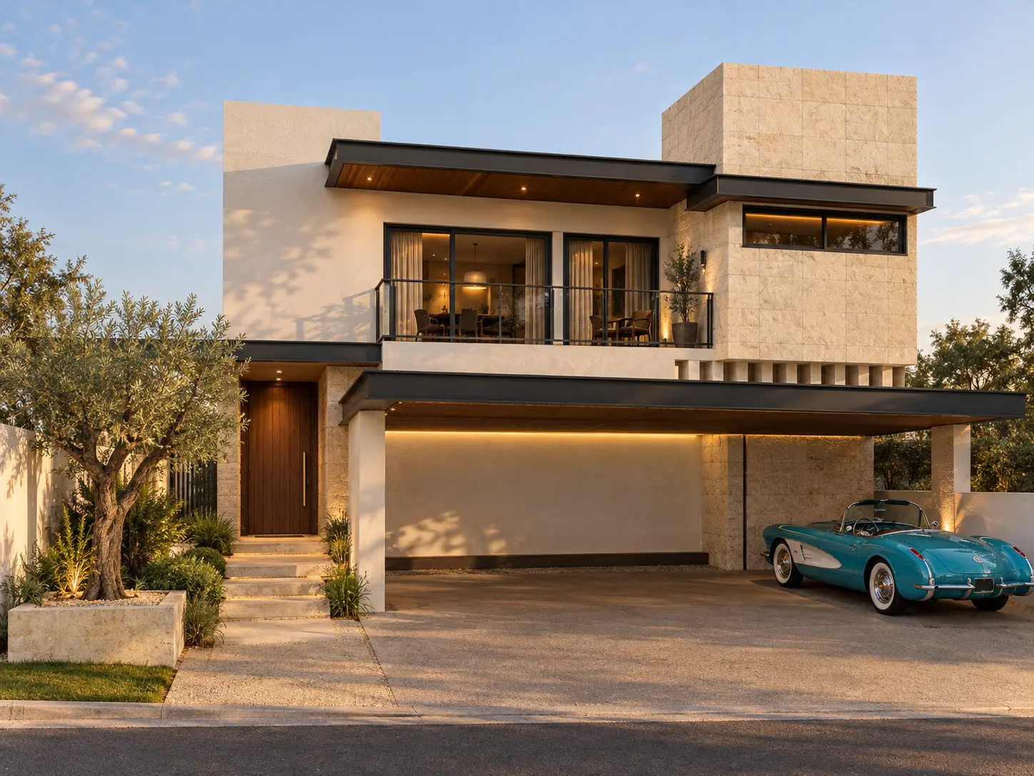 Fachada frontal de Casa Rodbal con cochera y automóvil turquesa