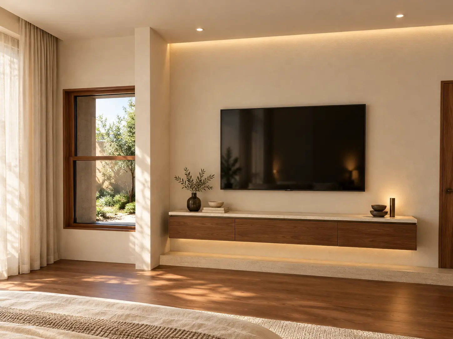 Muro de televisión flotante con madera, piedra e iluminación indirecta