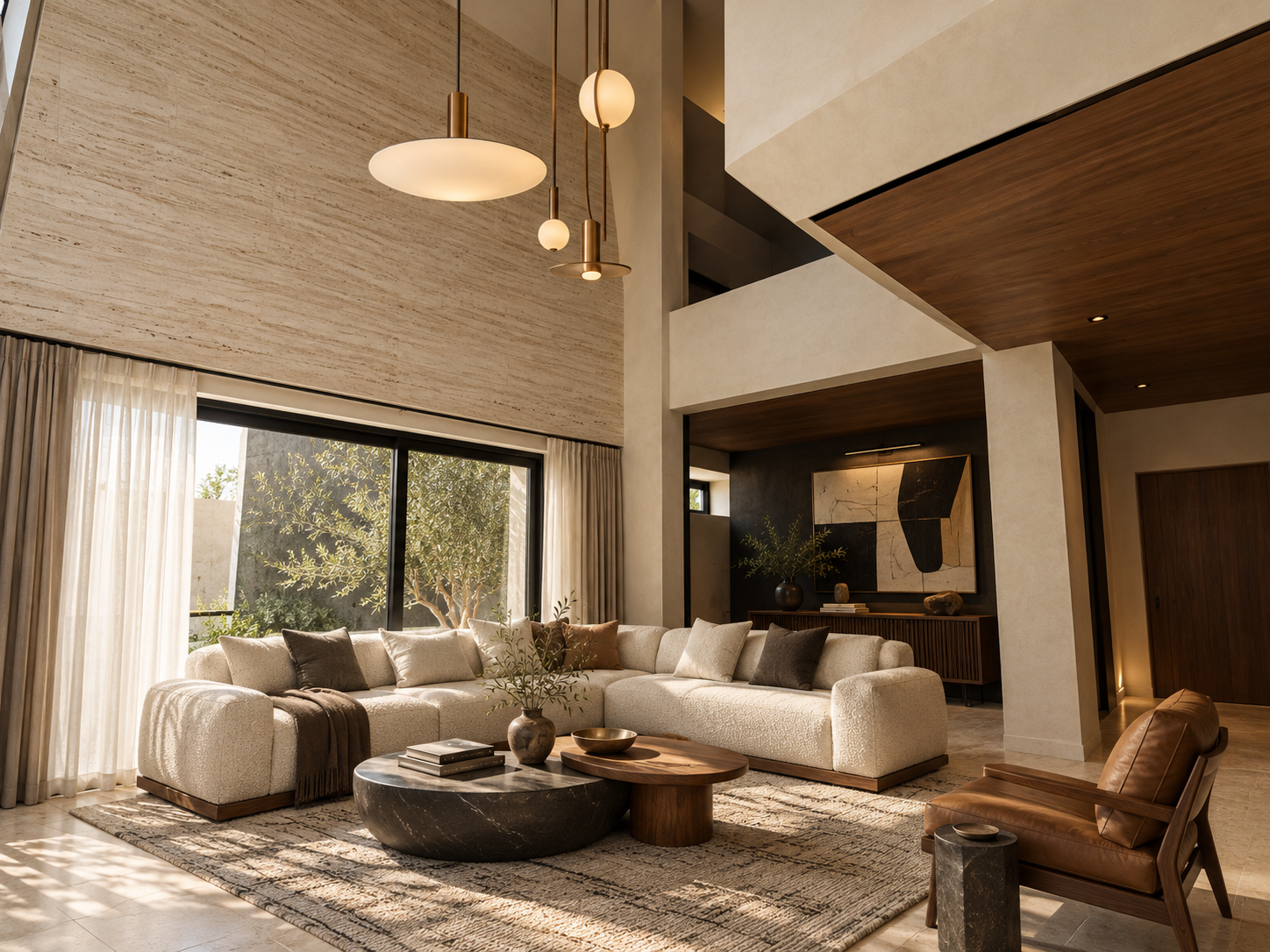 Sala de doble altura con sofá modular, lámparas colgantes y grandes ventanales